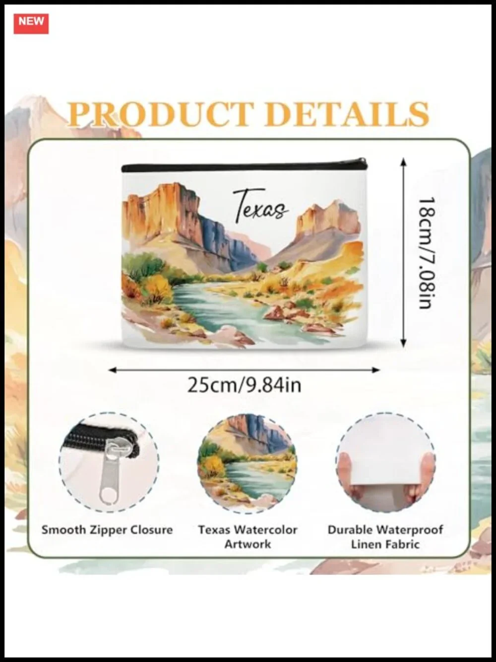 Waterproof Linen Texas Map Cosmetic Bag Toiletry Organizer Travel Pouch